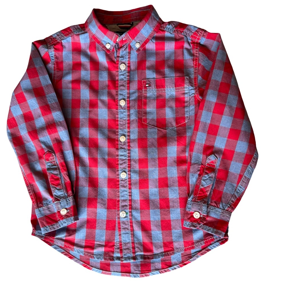 Tommy Hilfiger Long Sleeve Button Down Shirt Boys Size 6 Red & Blue Check EUC